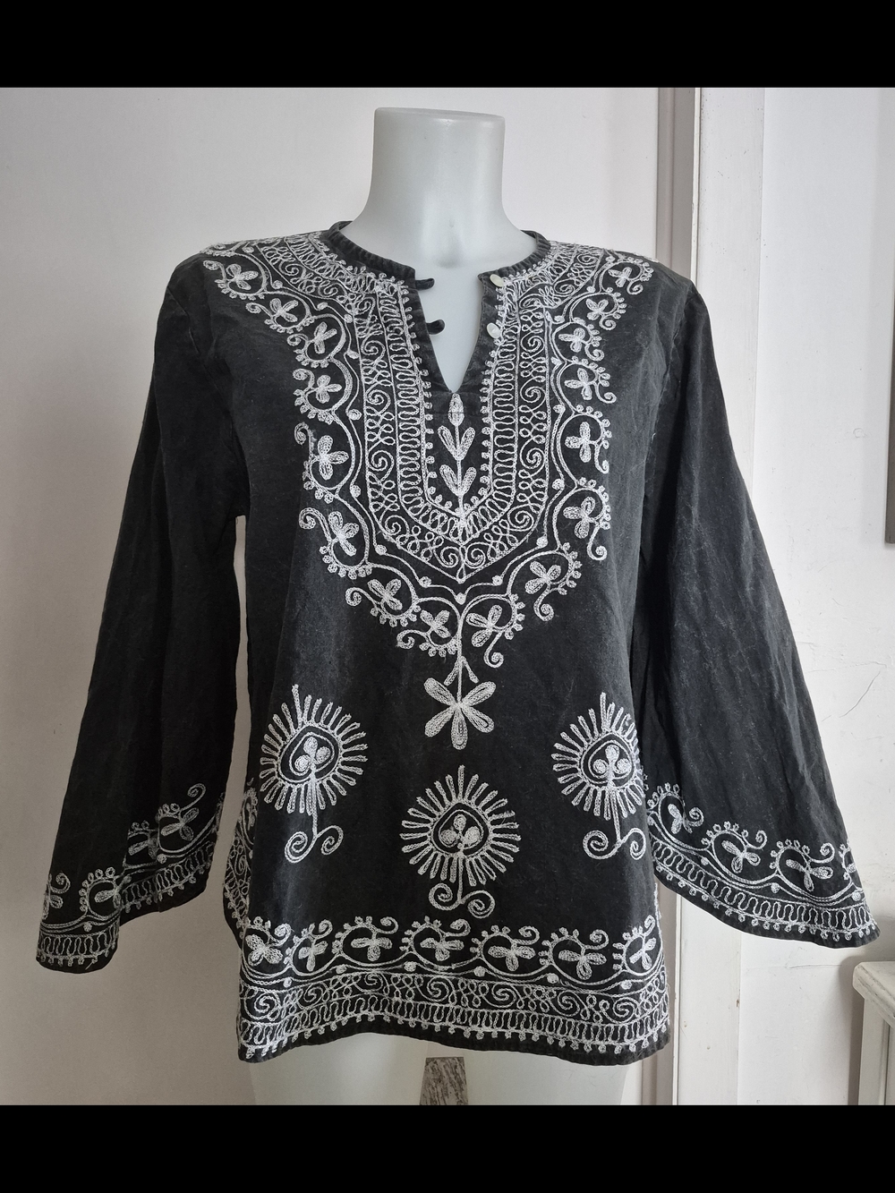 70s Vintage Hippy Bohemian Dark Grey Embroidered